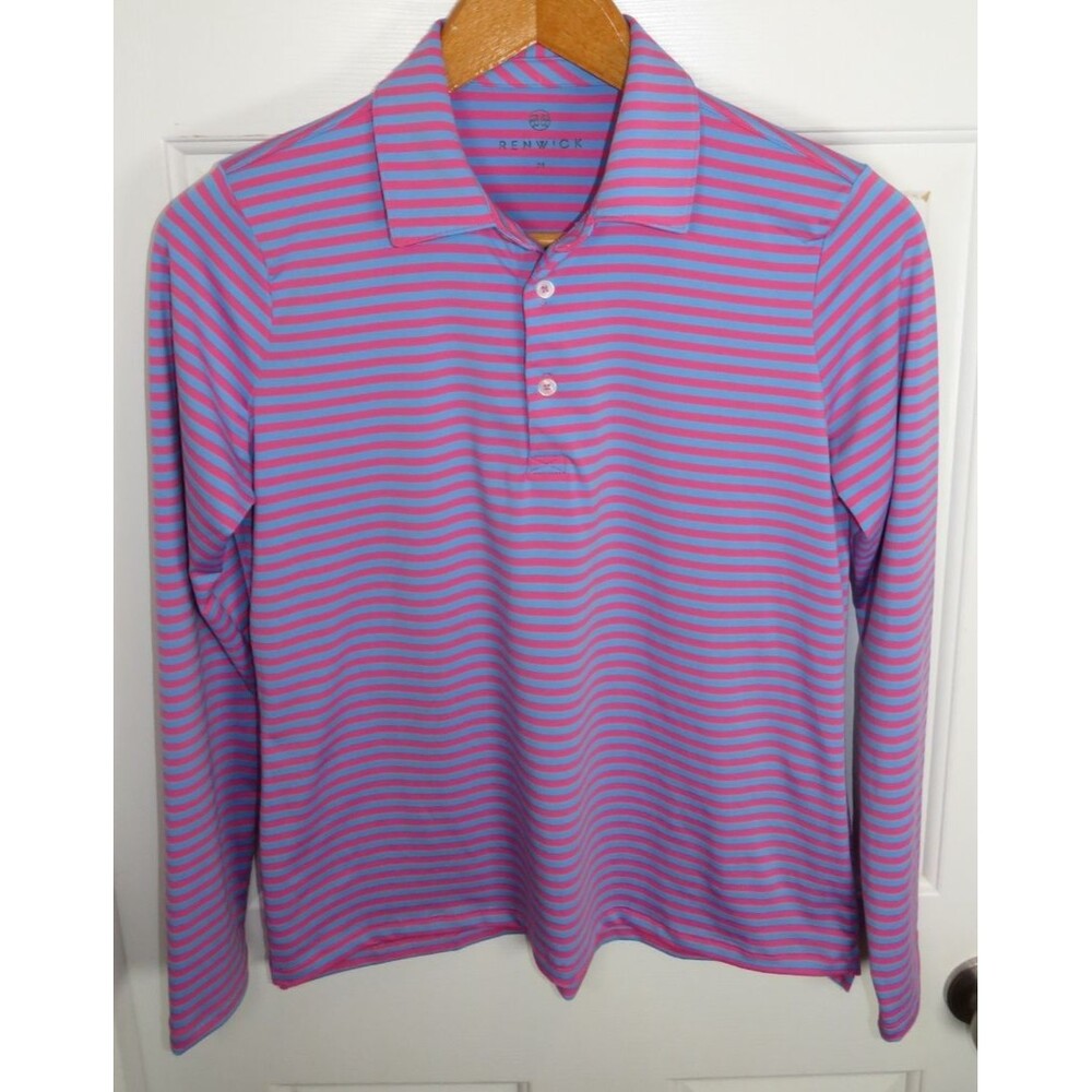 RENWICK Periwinkle Blue Pink Stripe Performance L/S Polo Golf Pickleball Medium
